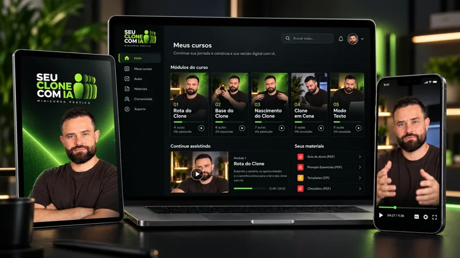 Mockup oficial Seu Clone com IA: aulas no computador, guia no tablet e vídeo no celular